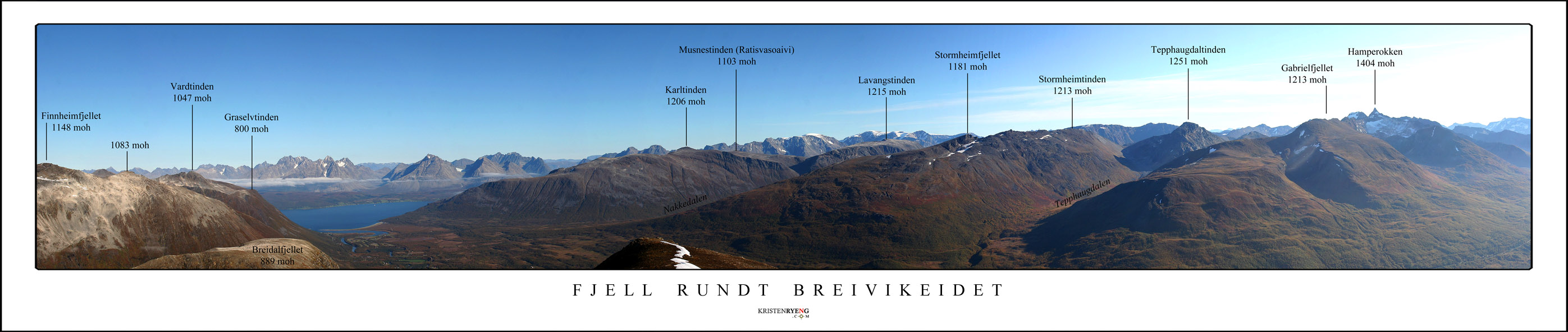 PanoramaStorfjelletMedNavnWEB.jpg - Oversiktsbilde med navn og anvisninger sett fra Storfjellet 1089 moh.